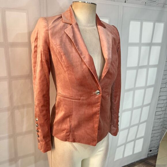 White House Black Market Pink Nocth Lapel One Button Velvet Blazer Size 00P - Picture 2 of 10
